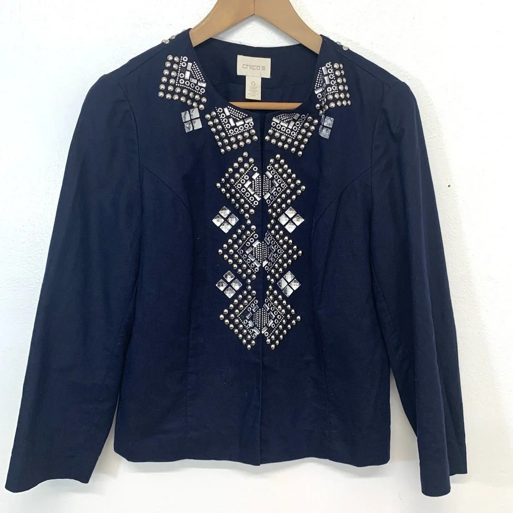 Chicos Open Blazer Jacket Small  Navy Blue Beaded Linen Cotton Business Travel‎